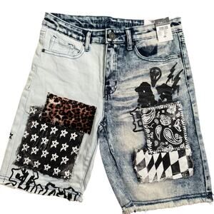 Rue 21 Premium Denim Mens Jean Shorts Patchwork Supreme Flex Graffiti Size 28